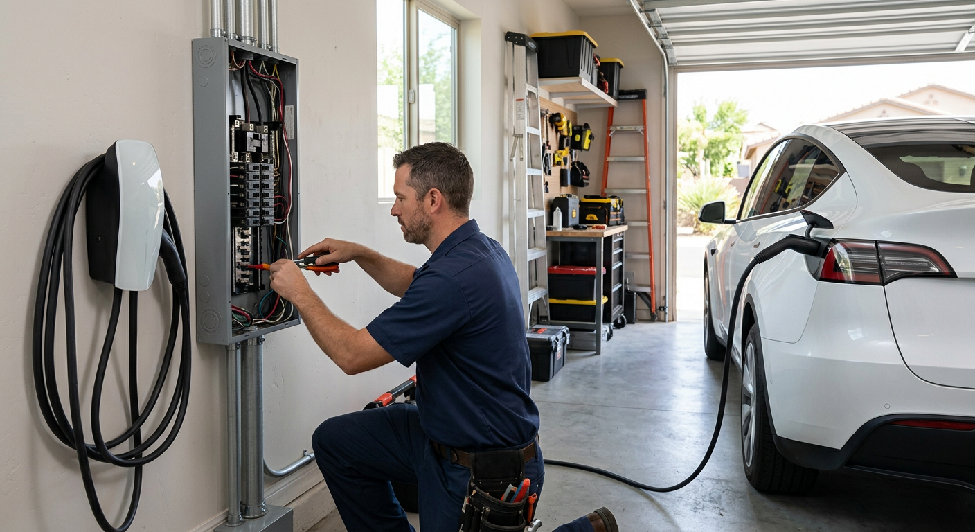 Brightline Electric technician installing a home EV charger in a garage